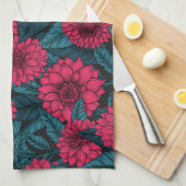 レッドダリアガーデン/ブルー離れの キッチンタオル (四つ折り)