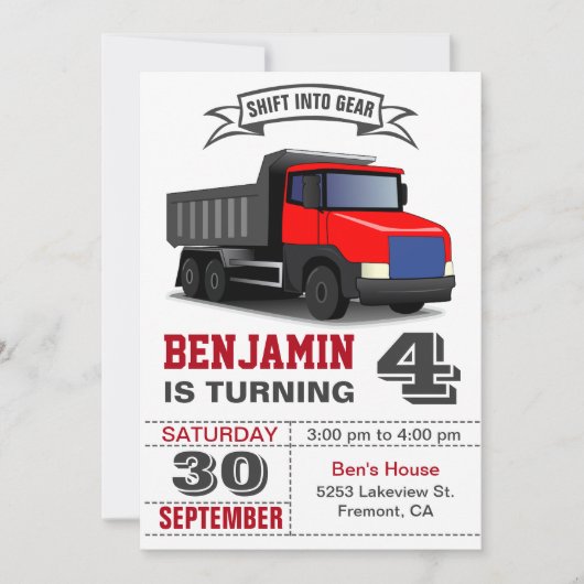 レッドダンプトラック子供の誕生日パーティの招待状 招待状 (正面)