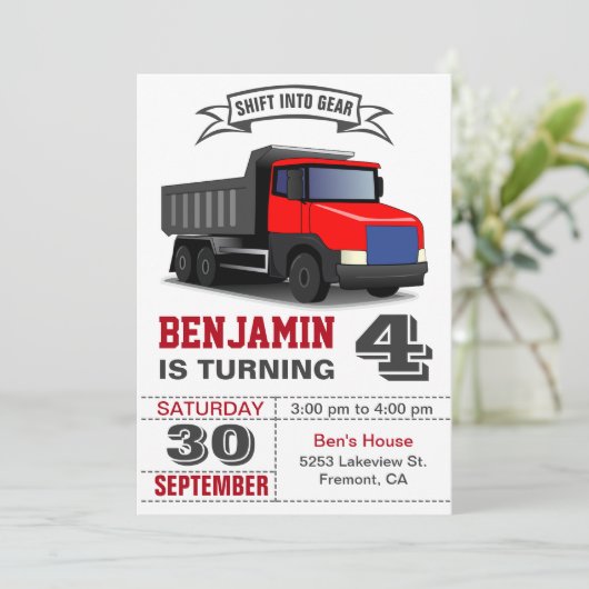 レッドダンプトラック子供の誕生日パーティの招待状 招待状 (スタンド正面)