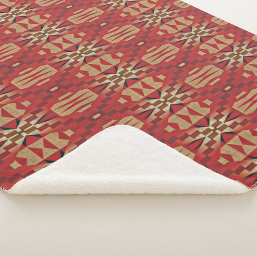 レッドダークブラウンタンベージュラストオレンジトライバルアート シェルパブランケット (3/4)