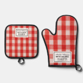 レッドチェックカスタムベーカー 鍋つかみ&鍋敷きセット (正面)