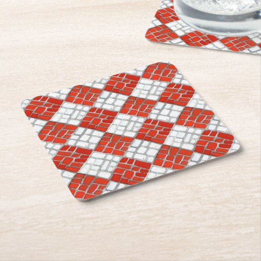 レッドチェックモザイクスクウェア紙コースター スクエアペーパーコースター (アングル)