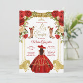 レッドチャロドレスとブーツMexican Mis Quince 招待状 (スタンド正面)