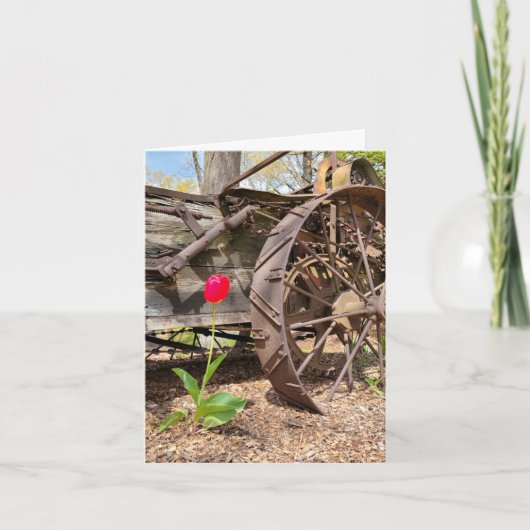 レッドチューリップとオールドワゴンありがとう カード (正面)