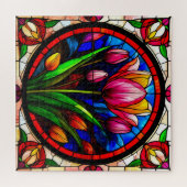 レッドチューリップとカラフルフローラモチーフ ジグソーパズル (横)