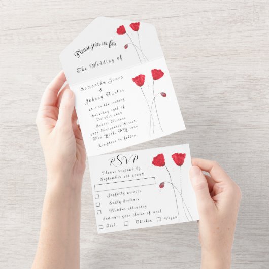 レッドチューリップウォーター春の結婚式 エレガント オールインワン招待状 (貼ってはがせる)