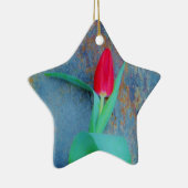 レッドチューリップオンブルーグレー石板 セラミックオーナメント (右)