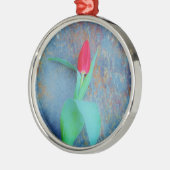 レッドチューリップオンブルーグレー石板 メタルオーナメント (左)