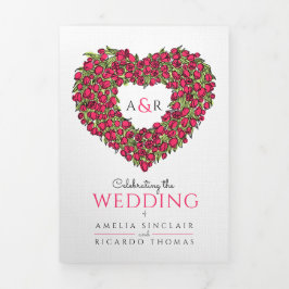 レッドチューリップハート結婚アートモノグラムのオールインワン 三つ折り招待状