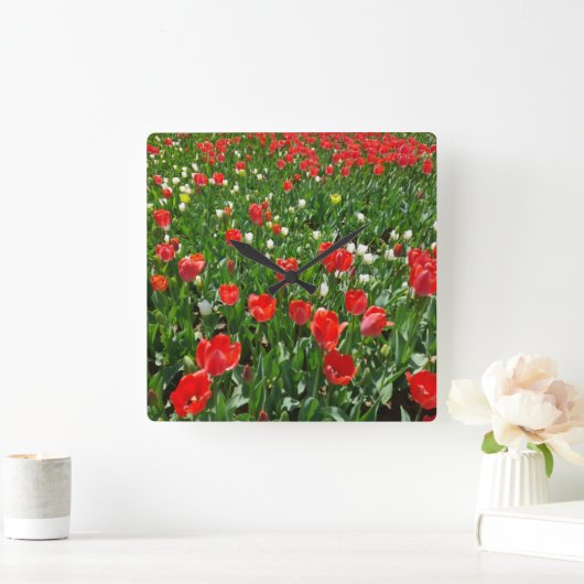 レッドチューリップフラワーフィールド自然撮影 スクエア壁時計 (ホーム)
