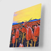 レッドチューリップ絵画フィールドのアクリル壁時計 スクエア壁時計 (傾斜)