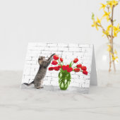 レッドチューリップ誕生日カード付き猫 カード (黄色い花)