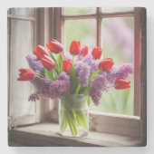 レッドチューリップ&薄紫ブーケ ストーンコースター (正面)