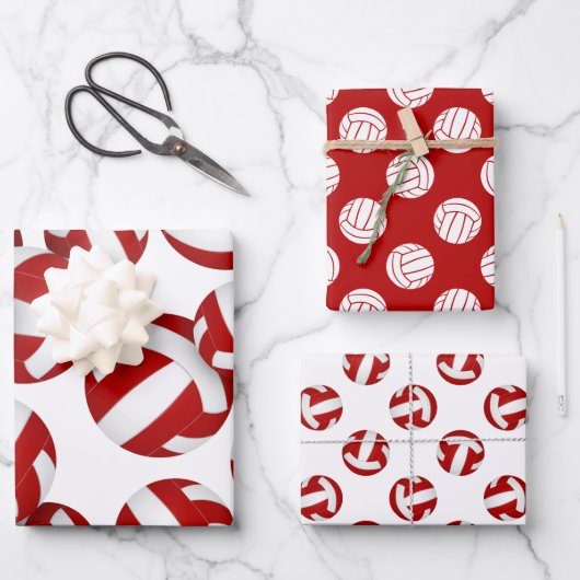 レッドチーム色バレーボール3pcコーディネート ラッピングペーパーシート (正面)