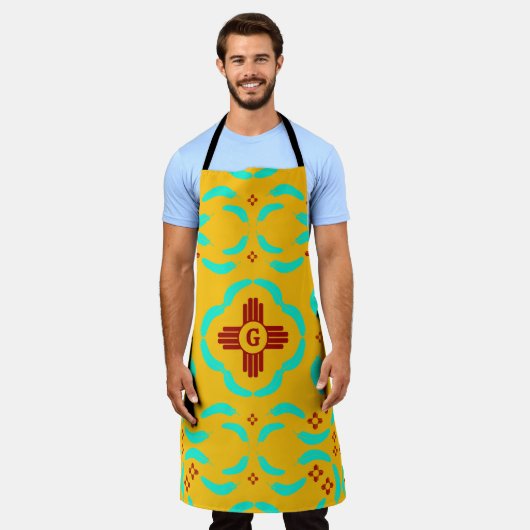 レッドツィアシンボルニューメキシコターコイズ羽 エプロン (着用した状態)