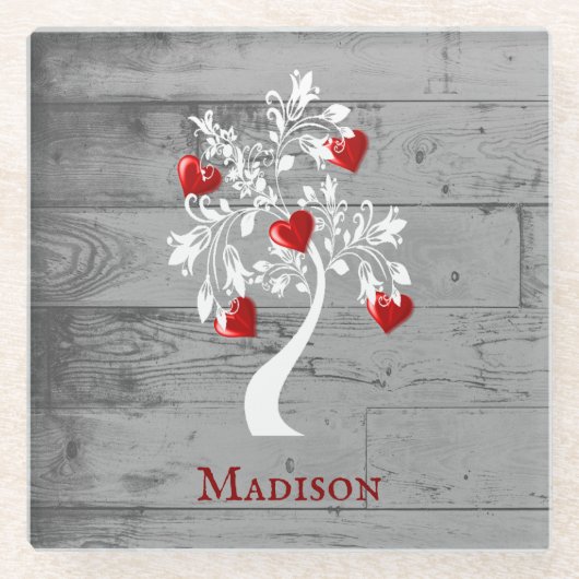 レッドツリーのハートパーソナライズされたガラスコースター ガラスコースター (正面)