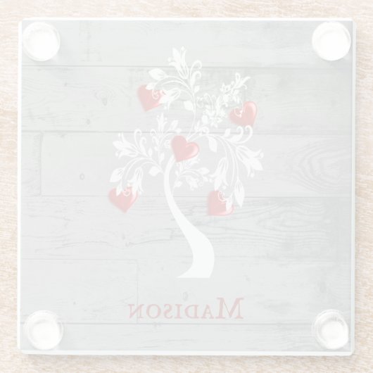 レッドツリーのハートパーソナライズされたガラスコースター ガラスコースター (裏面)