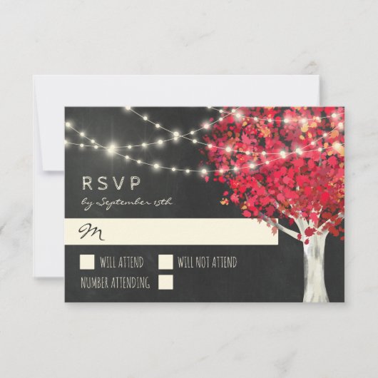 レッドツリー&ストリングライト秋季結婚式RSVP 出欠カード (正面)