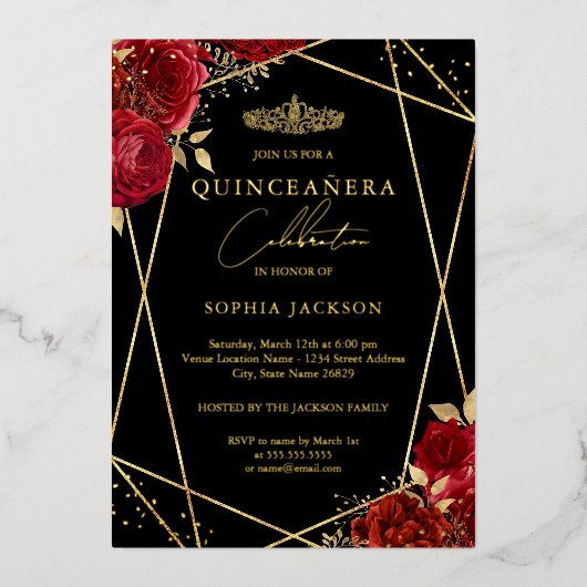 レッドティアラフローラ金ゴールドモダンキンセアニェラ 箔招待状 (正面)