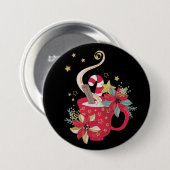 レッドティーカップシナモンスティックポインセチア、金ゴールド星 缶バッジ (正面&裏面)