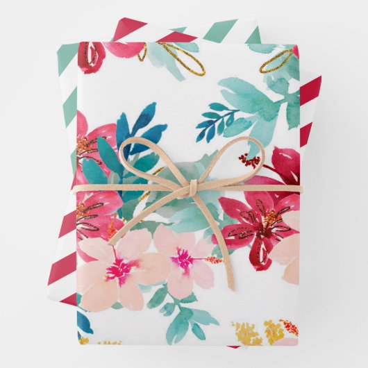 レッドティール(緑がかった色)ウォーターカラーフローラ緑ストライプ色 ラッピングペーパーシート (インサイチュ)