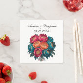 レッドティール（緑がかった色）オレンジ牡丹開花金ゴールドトリム結婚ズ スタンダードカクテルナプキン (インサイチュ)