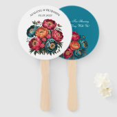 レッドティール（緑がかった色）オレンジ牡丹開花金ゴールドトリム結婚ズ ハンドファン (正面&裏面)