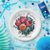 レッドティール(緑がかった色)オレンジ牡丹開花金ゴールドトリム結婚ズ ペーパープレート (パーティー)