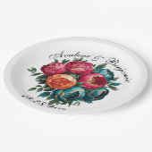 レッドティール(緑がかった色)オレンジ牡丹開花金ゴールドトリム結婚ズ ペーパープレート (アングル)