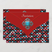 レッドティール(緑がかった色)シークインすべての行事パーティーテンプレート 招待状 (正面/裏面)