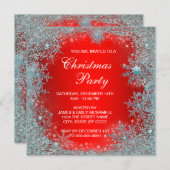 レッドティール(緑がかった色)ブルースノーフレーククリスマスパーティー 招待状 (正面/裏面)