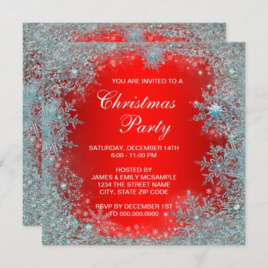 レッドティール（緑がかった色）ブルースノーフレーククリスマスパーティー 招待状 (正面/裏面)