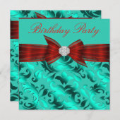 レッドティール（緑がかった色）ブルーバースデーパーティー 招待状 (正面/裏面)