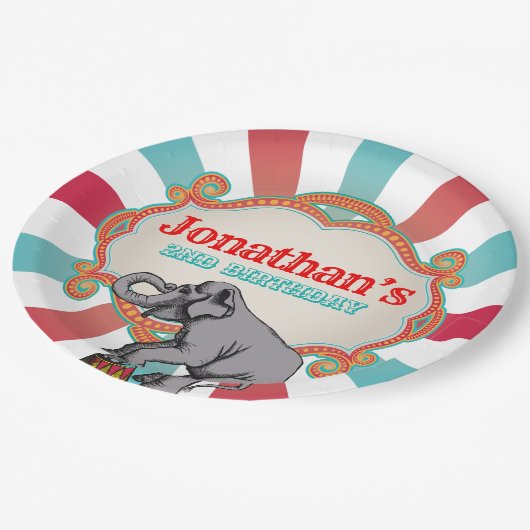 レッドティール（緑がかった色）ブルーヴィンテージサーカス誕生日 ペーパープレート (アングル)