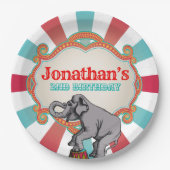 レッドティール（緑がかった色）ブルーヴィンテージサーカス誕生日 ペーパープレート (正面)
