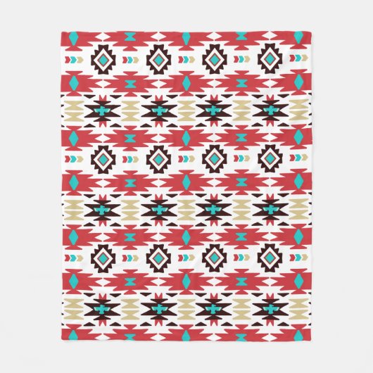 レッドティール(緑がかった色)ホワイト先住民アメリカンパターン フリースブランケット (正面)