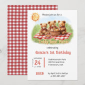 レッドテディベアピクニック 1歳誕生日 招待状 (正面/裏面)