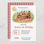 レッドテディベアーピクニック1st誕生日 招待状 (正面/裏面)