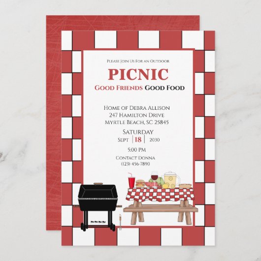 レッドテーブルクロス ピクニック BBQ 屋外グリル 招待状 (正面/裏面)