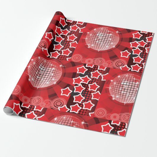 レッドディスコパーティーテーマと星とグリッターボール ラッピングペーパー (アンロールド)