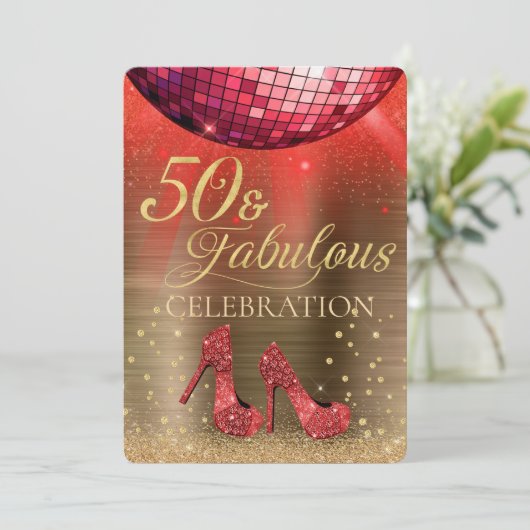レッドディスコボール金ゴールド50と素晴らしい誕生日 招待状 (スタンド正面)