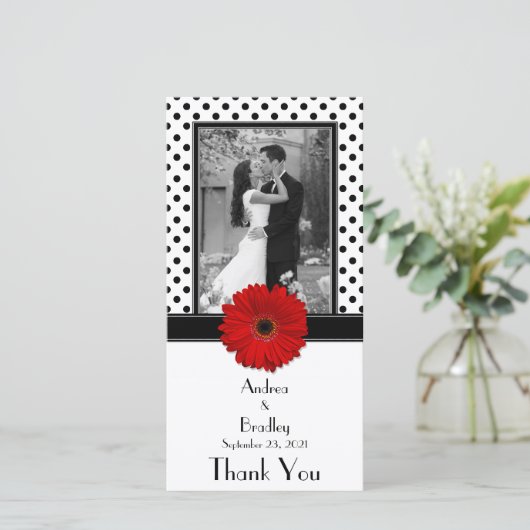 レッドデイジー白黒結婚水玉模様フォトカード サンキューカード (スタンド正面)