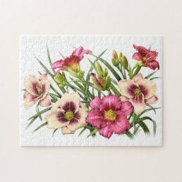 レッドデイリリーの花束のボタニカルアート ジグソーパズル