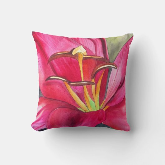 レッドデイリリーオリジナル水彩花アート クッション (正面)