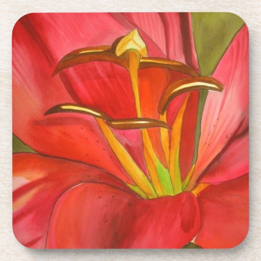 レッドデイリリーオリジナル水彩花アート コースター (正面)