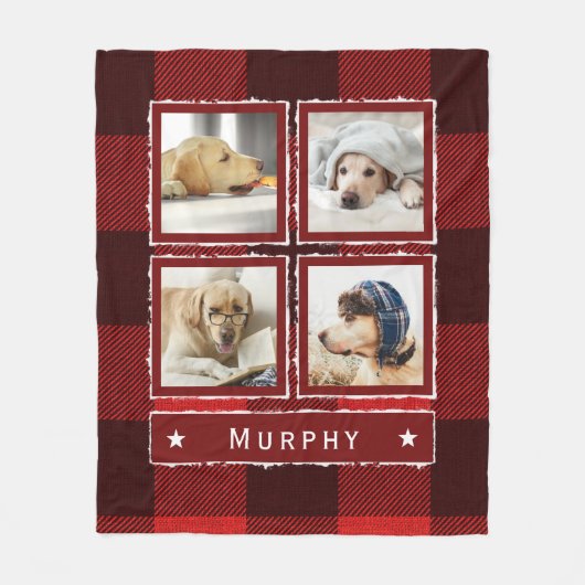 レッドデニ素朴ムバッファロープレイドフォトコラージュドッグ フリースブランケット (正面)