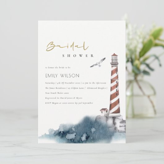 レッドデュスキーブルーライトハウスシーブライダルシャワー招待状 サンキューカード (スタンド正面)