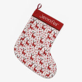 レッドトナカイとスノーフレークパーソナライズされた ラージクリスマスストッキング (正面 (吊り時))