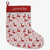 レッドトナカイとスノーフレークパーソナライズされた ラージクリスマスストッキング (正面)
