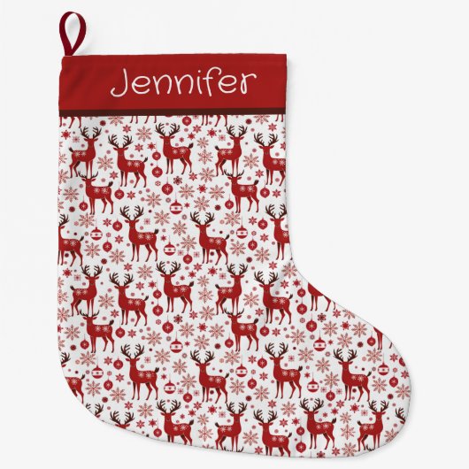 レッドトナカイとスノーフレークパーソナライズされた ラージクリスマスストッキング (正面)
